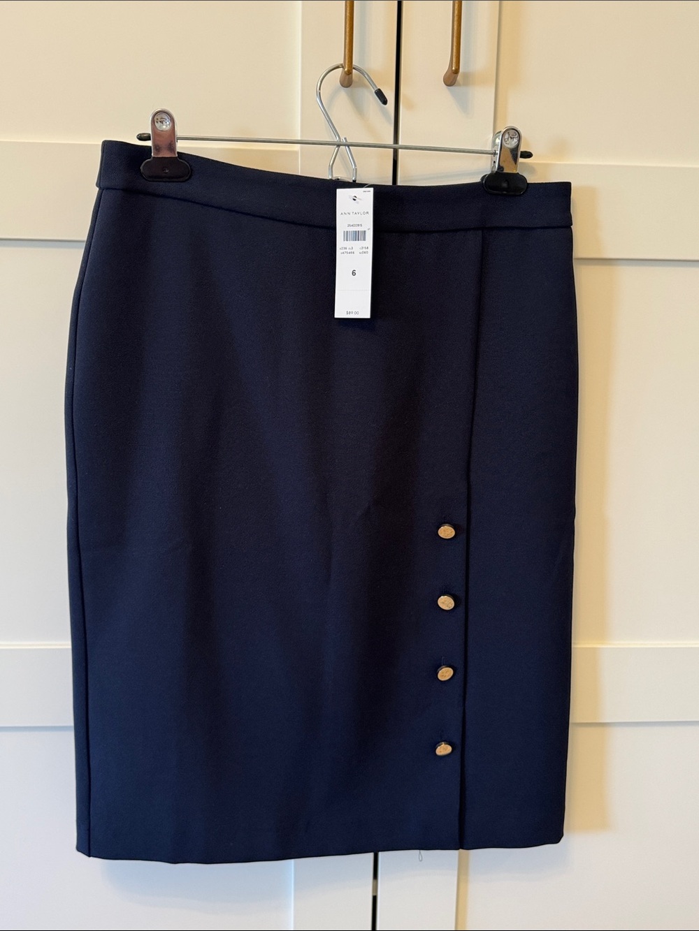 Ann Taylor Navy Pencil Skirt with Gold Buttons, NWT